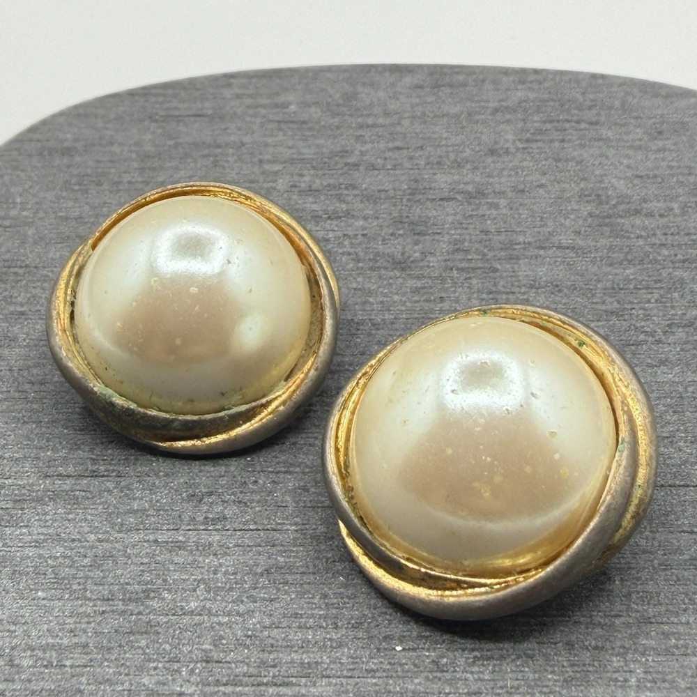 Chunky Cream Pearl Clip On Earrings Gold & Silver Tone Round Statement Fashion